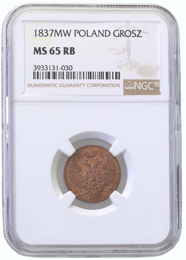 Polska XlX w. / Rosja. Mikołaj I. 1 grosz 1837 MW, Warszawa NGC MS65 RB (MAX)